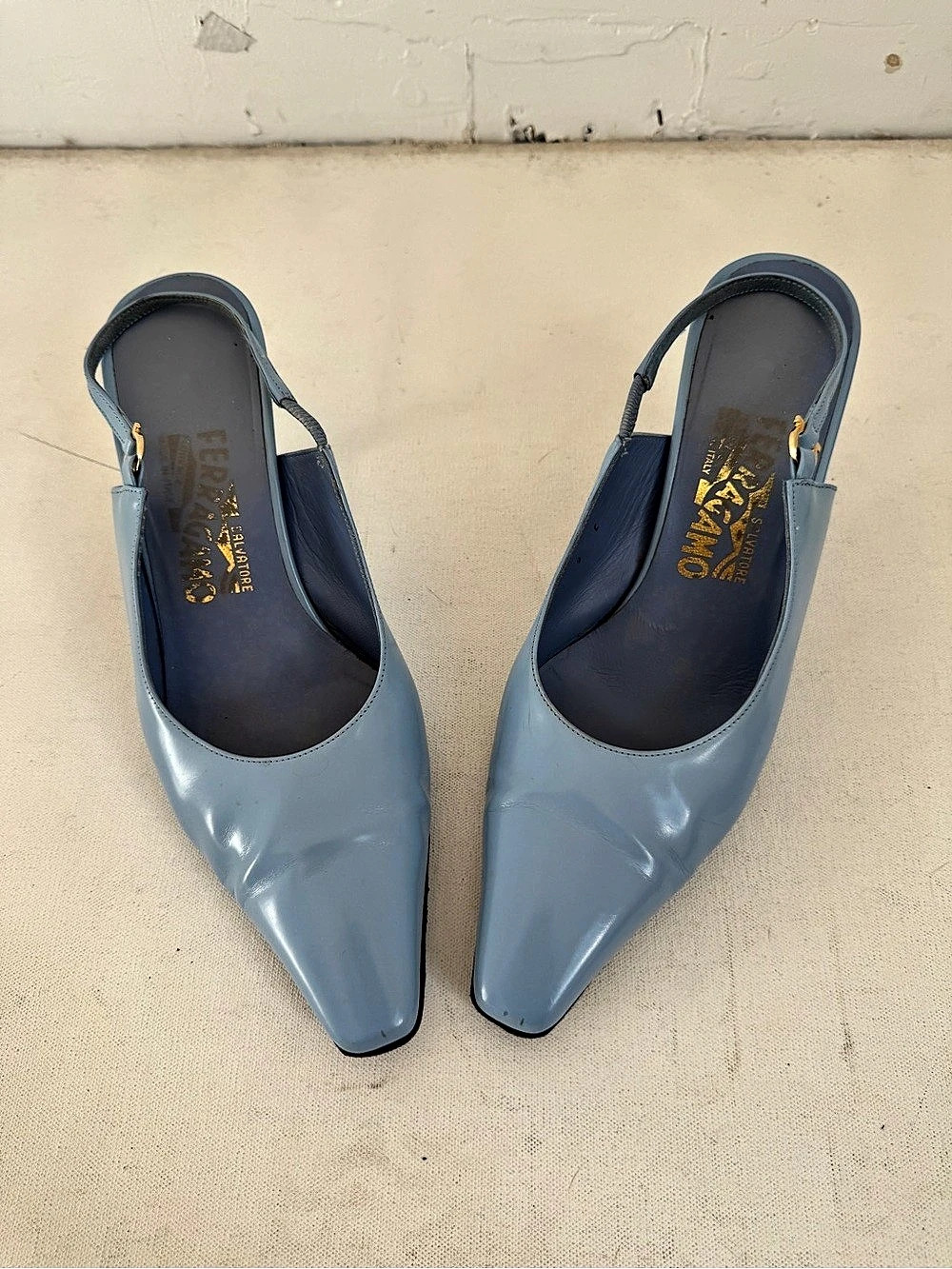 Ferragamo Pointed Toe Slingback Heels in Blue